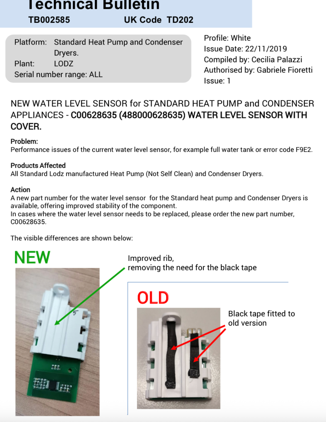 Whirlpool Ariston Indesit and Other Brand Dryer Drain Pump Sensor