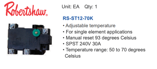 Robertshaw Electric Hot Water Thermostat & Cut-Out 50–80°C – ST1202134, W1M2-70, ST12-70K