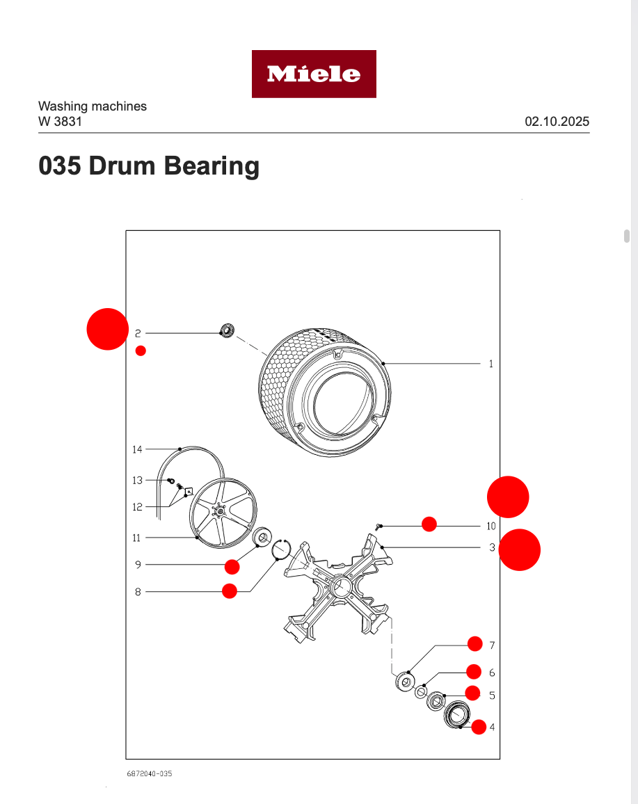 Miele Washing Machine Spider & Bearing Kit ( comes with 3 To 10+2 on the diagram)