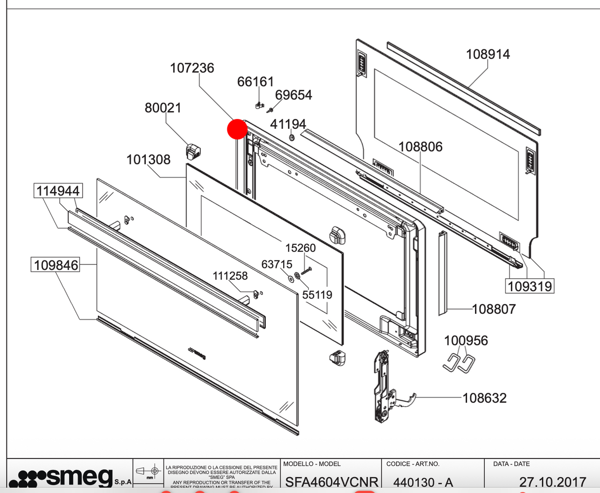 Smeg Oven Only Inner Door Frame for SF4603VCNR SF4603VCNR1 SF4604VCNR SF4604VCNR1 SFA4604VCNR 109846
