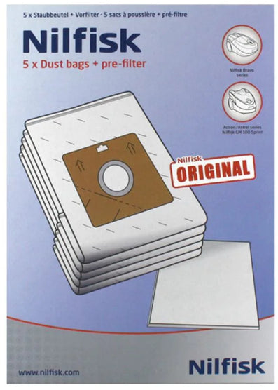 Nilfisk Action Bravo Vacuum Bags 5-Pack with Motor Filter – Genuine 30050002