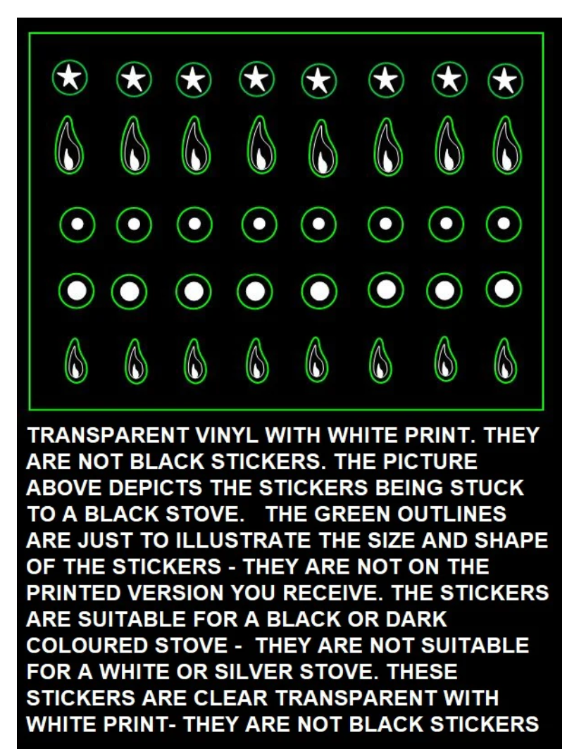 Oven Control Panel Decal Sticker Gas Flame Symbol Label WHITE on Black Appliances 44