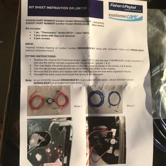 Fisher Paykel Elba Oven Thermal Cut Out 271P 16A 250V T200 Kit Blue New Version