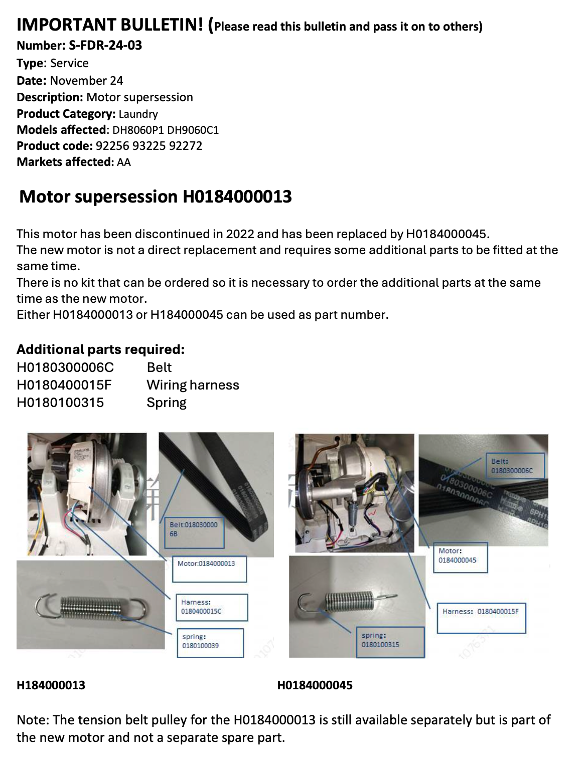 Fisher & Paykel Haier Dryer Motor H0184000013 H0184000045