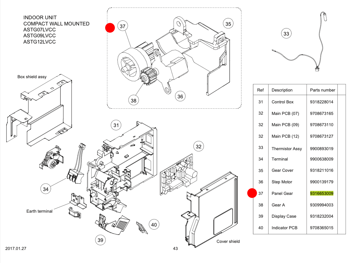 Fujitsu Air Conditioner Gear Panel 9316653009 for ASTG07, ASTG09, ASTG12, ASTG18, ASTG22 & ASTG24 Series