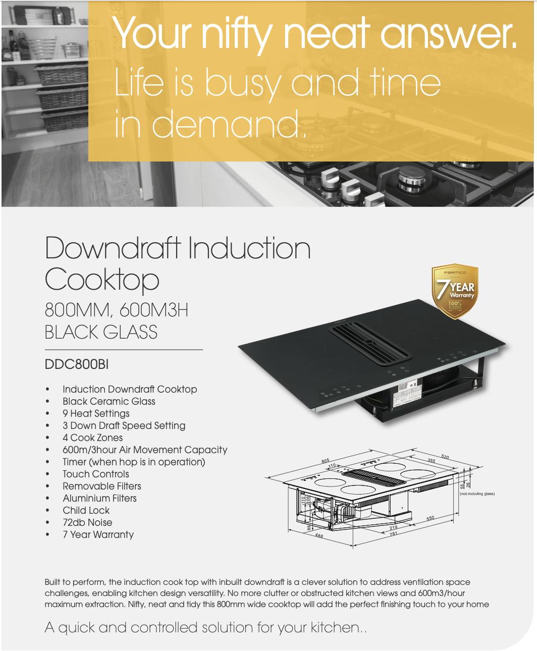 Parmco DDC800BI 800mm Black Induction Downdraft Cooktop