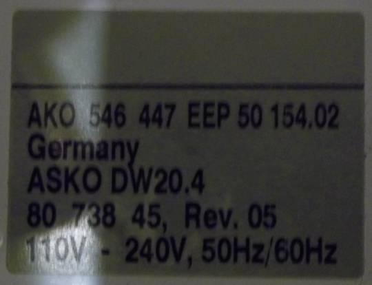 Asko Dishwasher DW20.4 Series Pcb Controller Board D3530, DW20.4