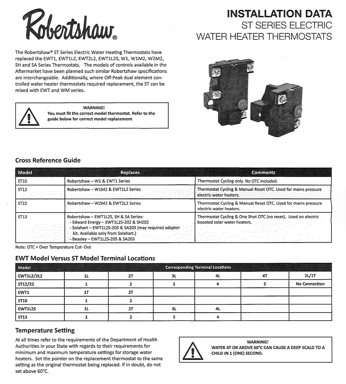 Robertshaw Electric Hot Water Thermostat & Cut-Out  60-80c RS-ST12-80KNZ Genuine Changed to 50-80c Blue